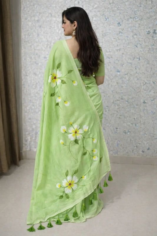 Pistachio Bloom Premium Mull Cotton Handprint Saree-1