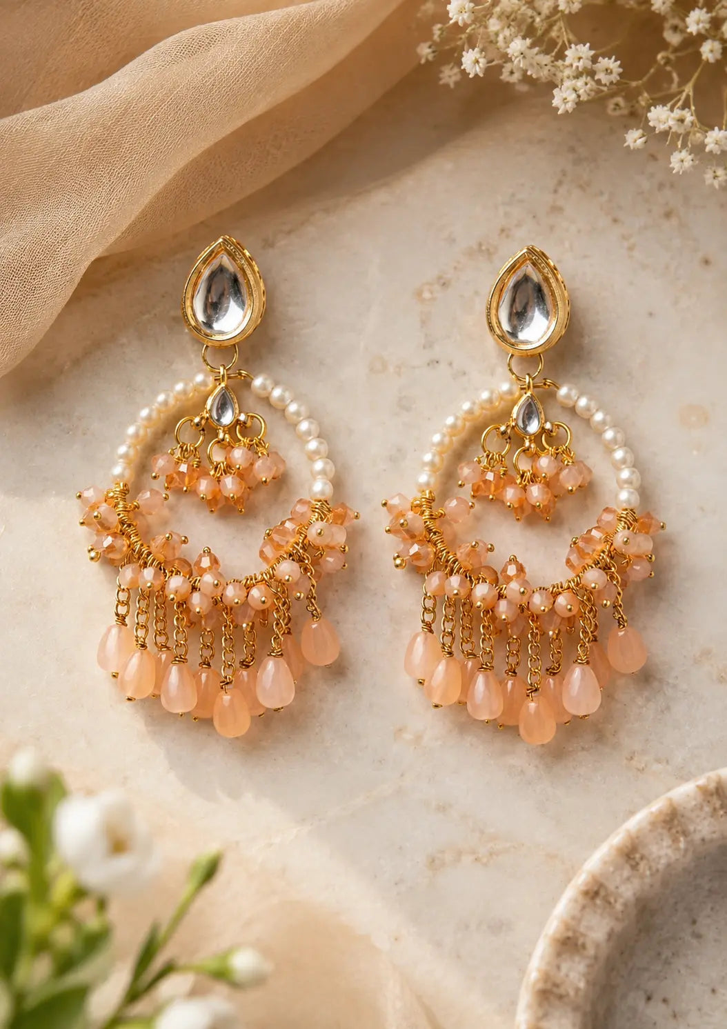 Peach Pearl Kundan Chandbali Earrings-0