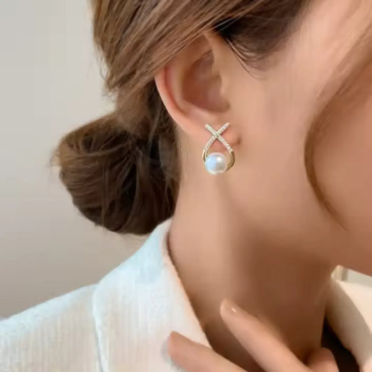 Elegant Gold Plated Pearl Stud Cross Earrings-1