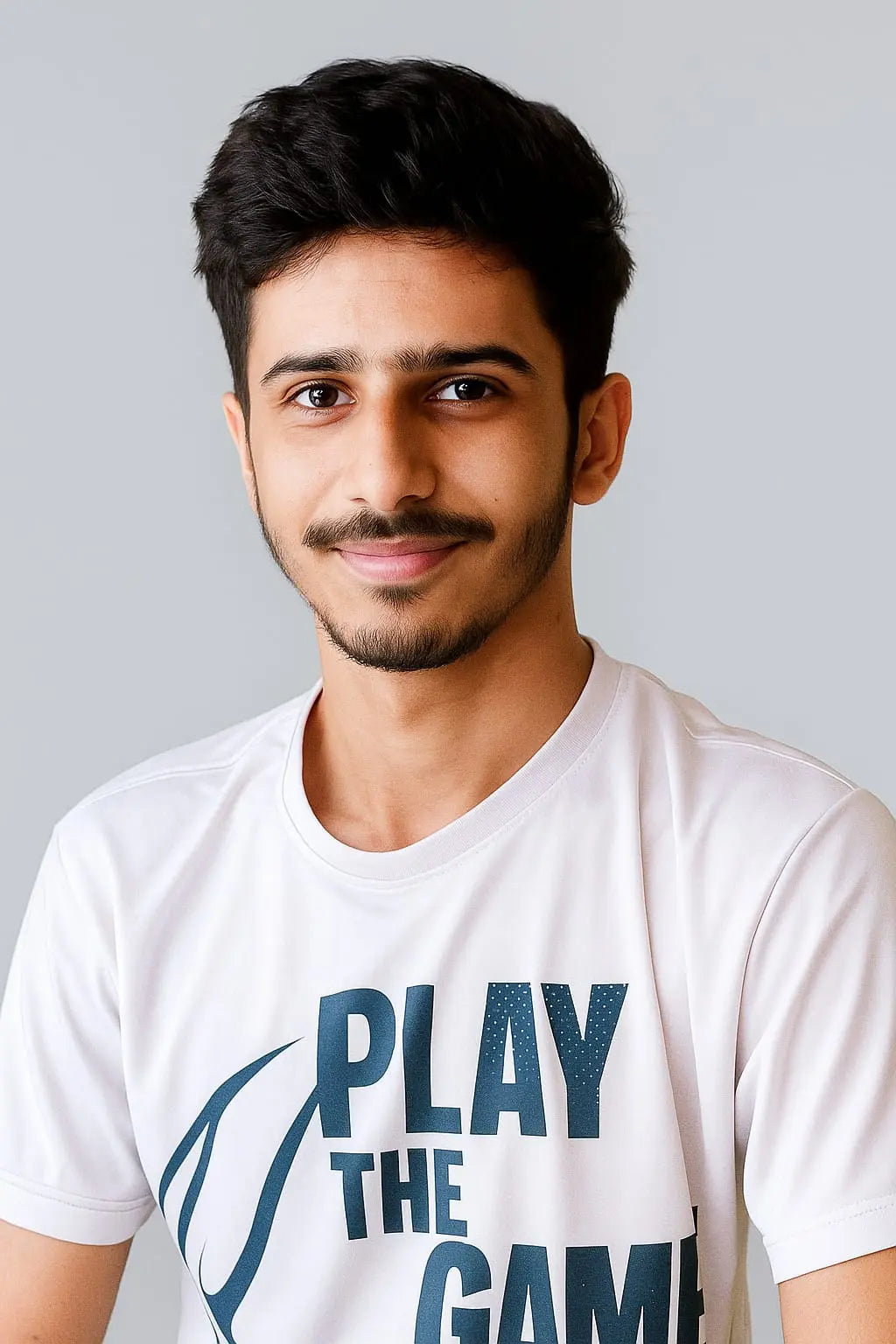 Young man smiling in a white 'PLAY THE GAME' T-shirt, studio portrait with gray background, casual profile photo.