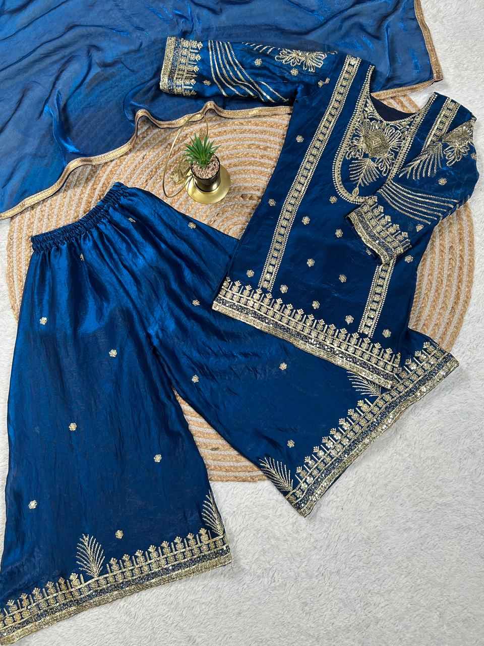 BlueMoon Embroidered Silk Kids Plazzo Set with Dupatta-1