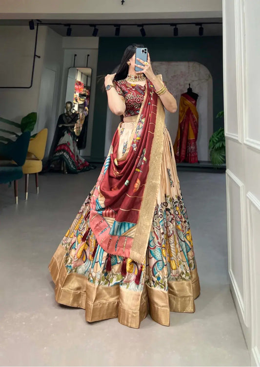 Beige Kalamkari Dola Silk Lehenga Set with Zari Weaving-0