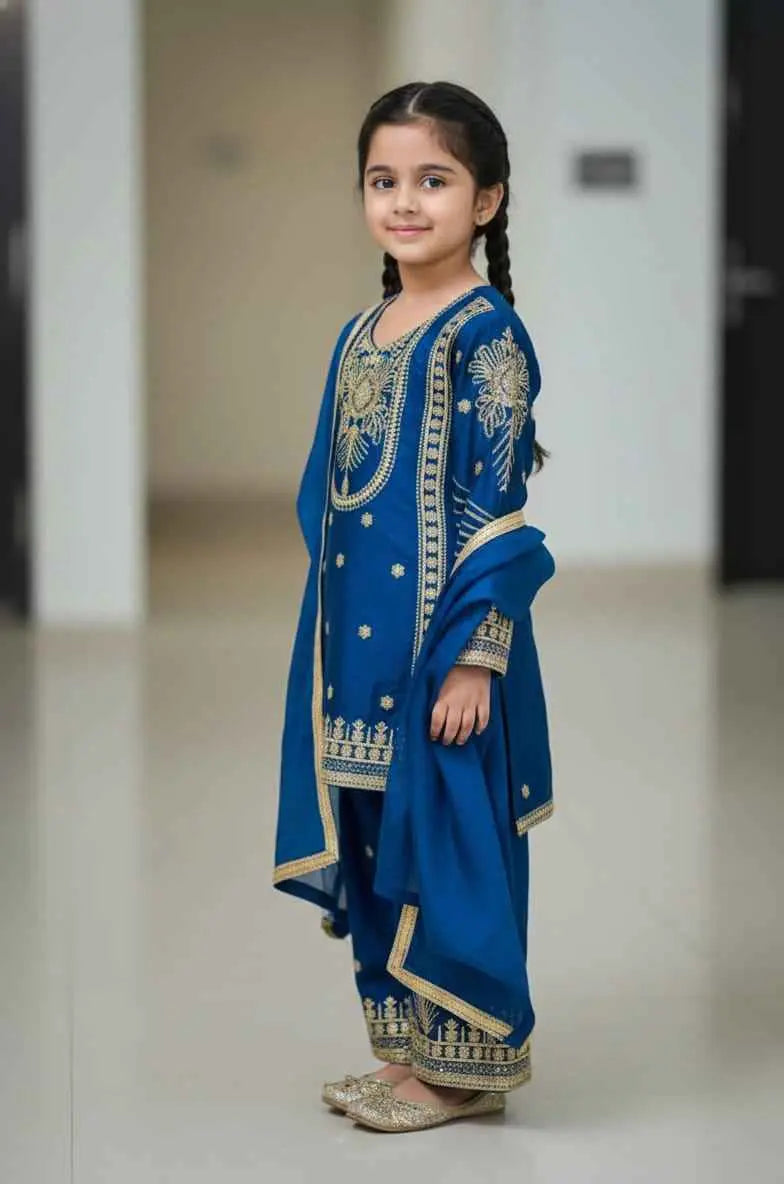 BlueMoon Embroidered Silk Kids Plazzo Set with Dupatta-0