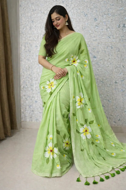 Pistachio Bloom Premium Mull Cotton Handprint Saree-0