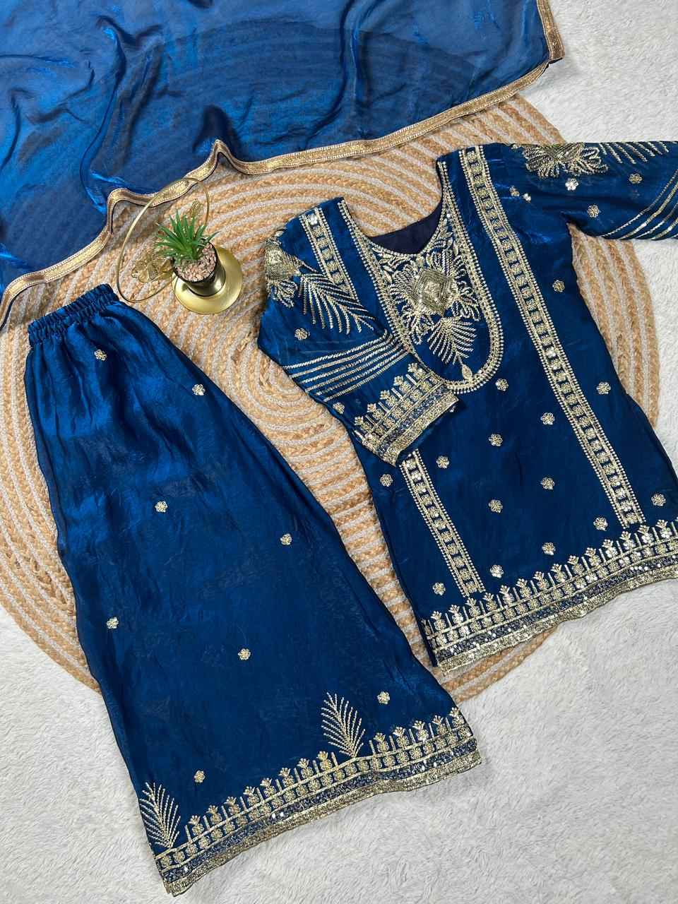 BlueMoon Embroidered Silk Kids Plazzo Set with Dupatta-2