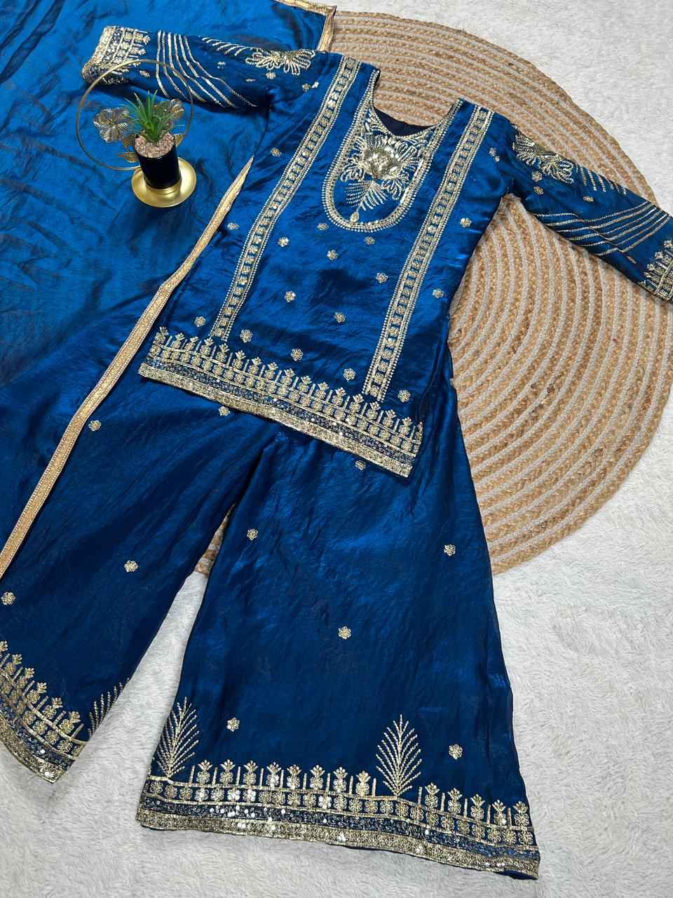 BlueMoon Embroidered Silk Kids Plazzo Set with Dupatta-3
