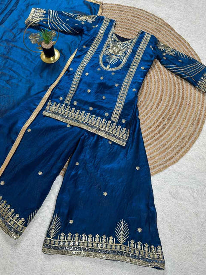BlueMoon Embroidered Silk Kids Plazzo Set with Dupatta-3