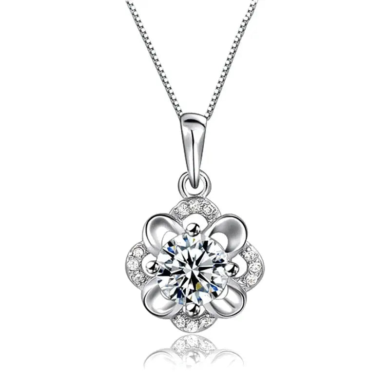 925 Sterling Silver Flower CZ Pendant Necklace-0