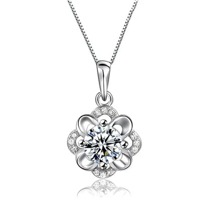 925 Sterling Silver Flower CZ Pendant Necklace-0
