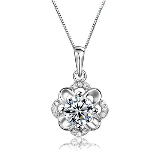 925 Sterling Silver Flower CZ Pendant Necklace-0