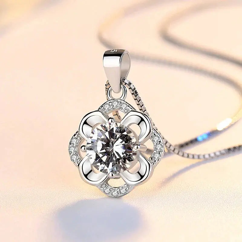 925 Sterling Silver Flower CZ Pendant Necklace-1
