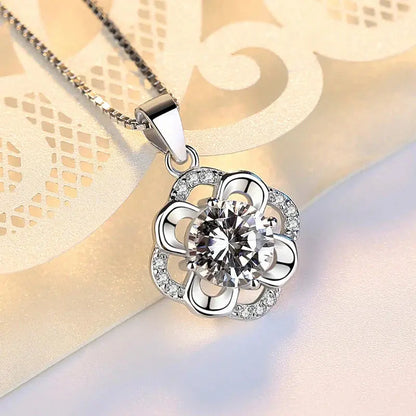 925 Sterling Silver Flower CZ Pendant Necklace-2