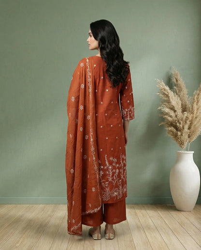 Rust Orange Floral Embroidered A-Line Kurta with Palazzo & Dupatta Set-1