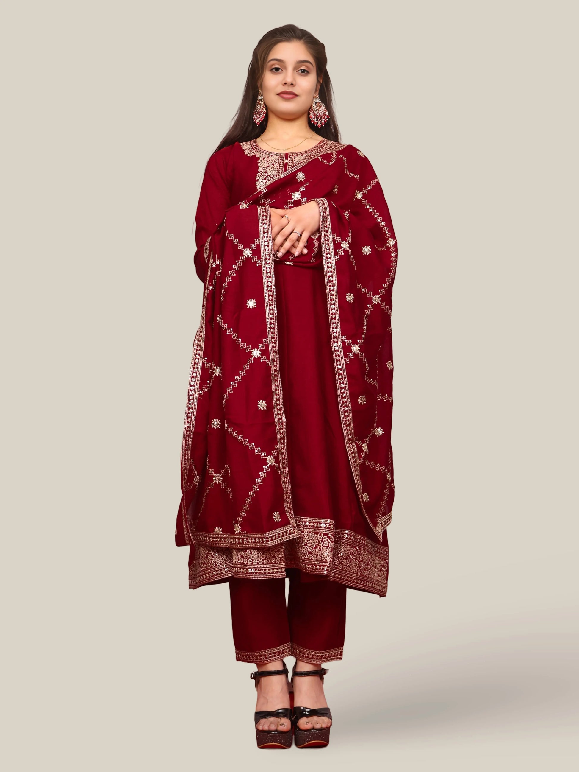 Woman Anarkali Suit Set with Pant-Dupatta-4