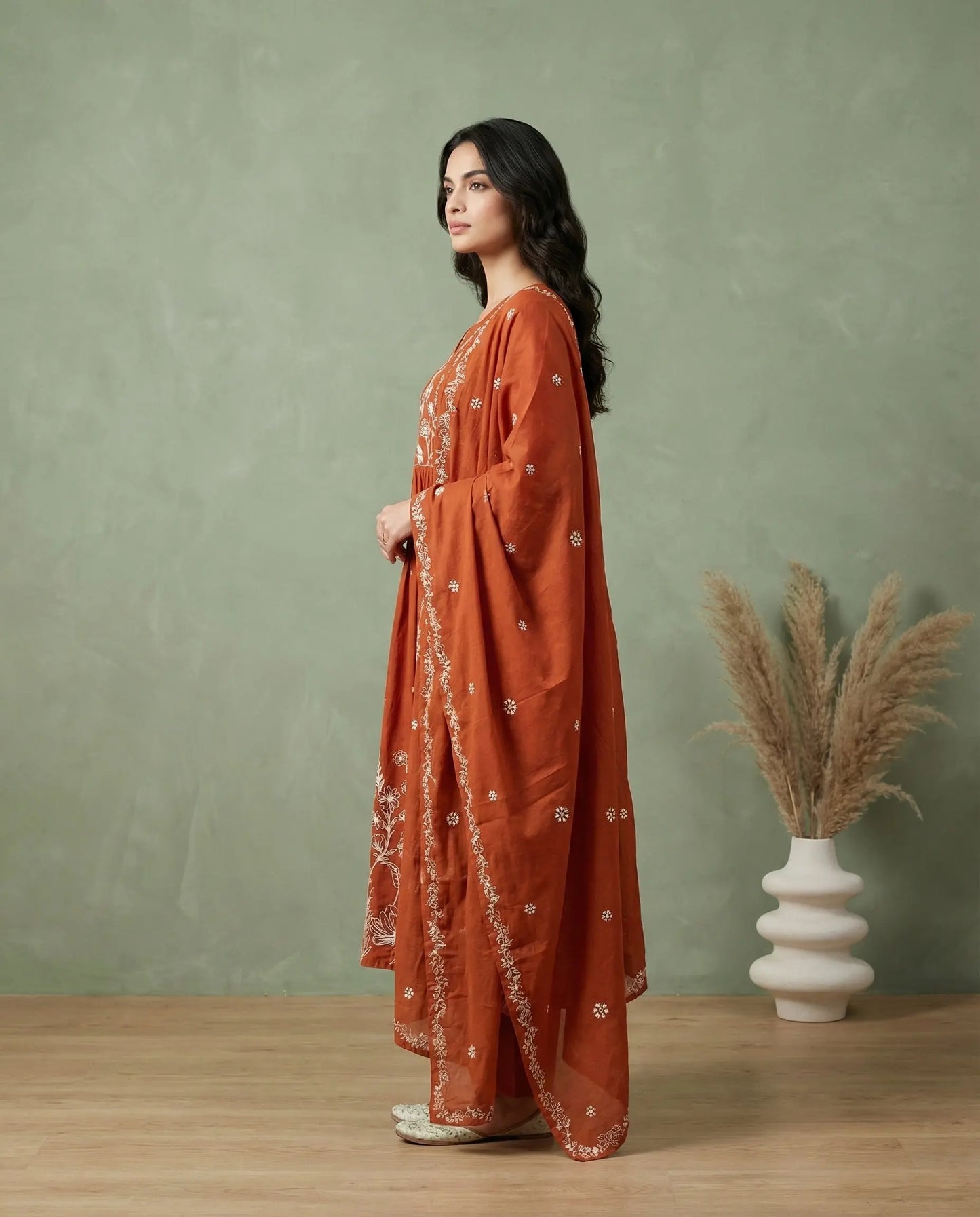Rust Orange Floral Embroidered A-Line Kurta with Palazzo & Dupatta Set-2