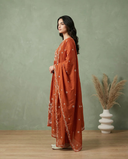 Rust Orange Floral Embroidered A-Line Kurta with Palazzo & Dupatta Set-2