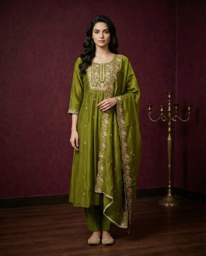 Olive Green Embroidered Kurta Set with Dupatta & Pants | Floral Thread Work-0