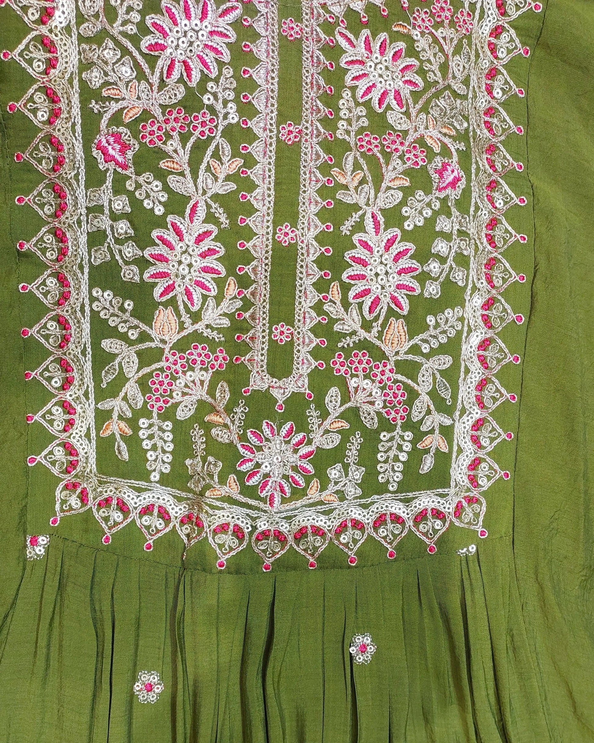 Olive Green Embroidered Kurta Set with Dupatta & Pants | Floral Thread Work-3