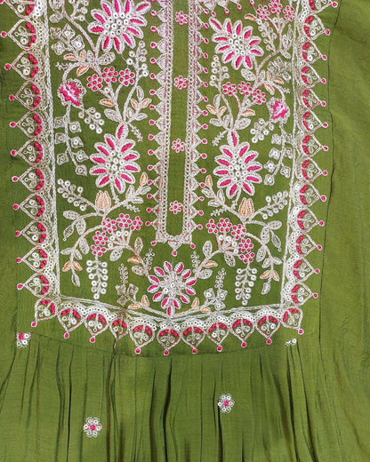 Olive Green Embroidered Kurta Set with Dupatta & Pants | Floral Thread Work-3