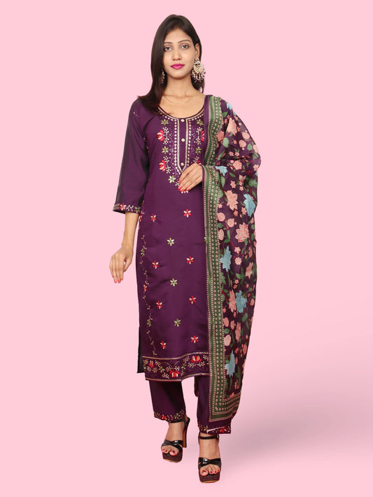 Rayon-Cotton Embroidered Straight Kurti with Pant and Dupatta-0
