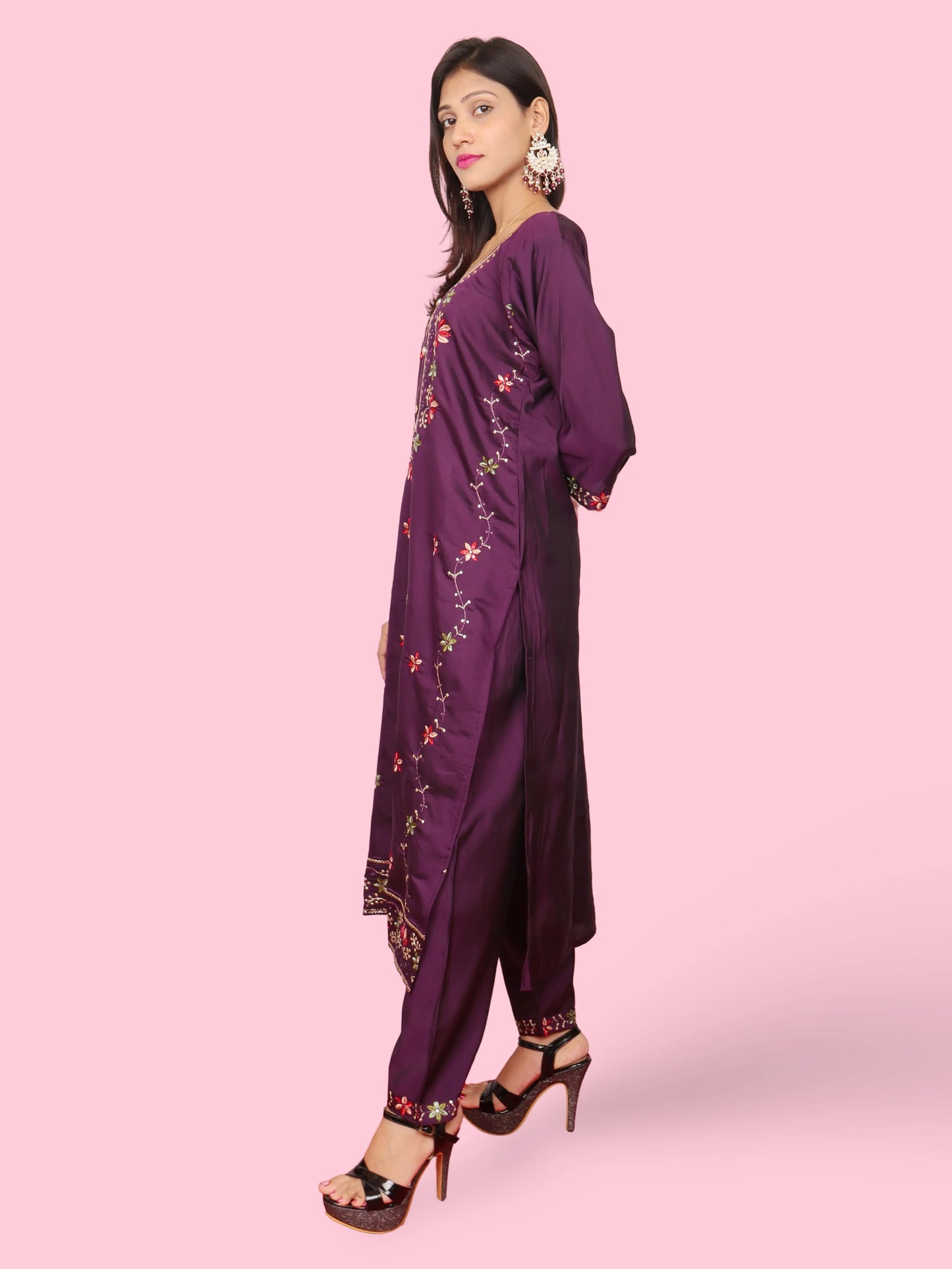 Rayon-Cotton Embroidered Straight Kurti with Pant and Dupatta-1