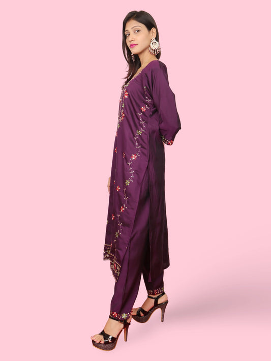 Rayon-Cotton Embroidered Straight Kurti with Pant and Dupatta-1
