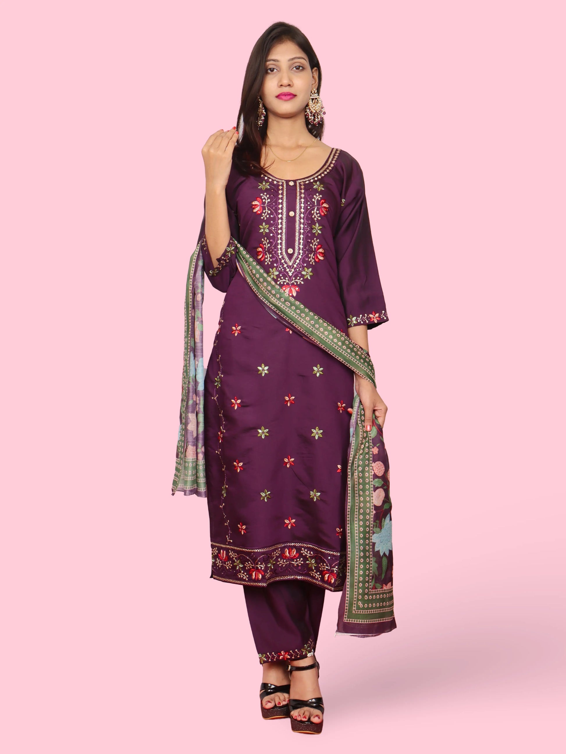 Rayon-Cotton Embroidered Straight Kurti with Pant and Dupatta-4