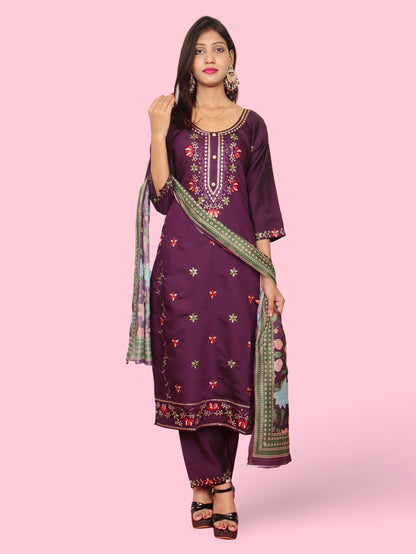 Rayon-Cotton Embroidered Straight Kurti with Pant and Dupatta-4