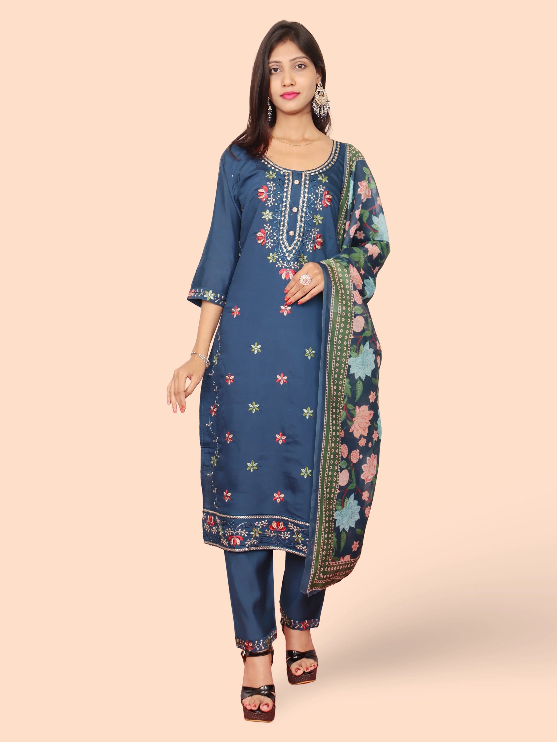 Rayon-Cotton Embroidered Straight Kurti with Pant and Dupatta-6