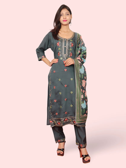 Rayon-Cotton Embroidered Straight Kurti with Pant and Dupatta-7