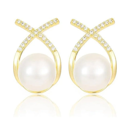 Elegant Gold Plated Pearl Stud Cross Earrings-0