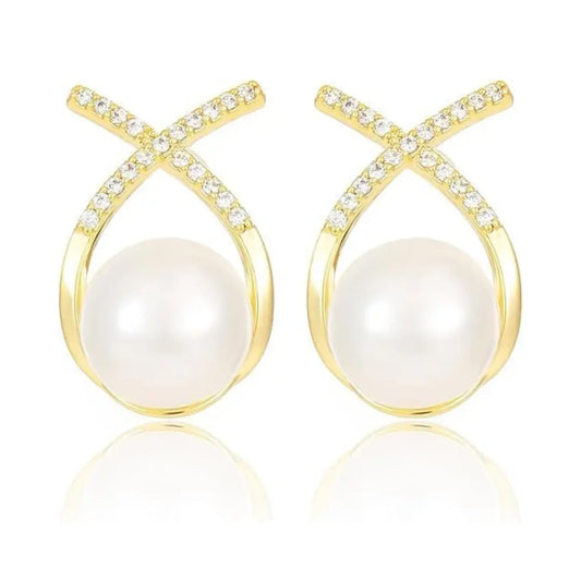 Elegant Gold Plated Pearl Stud Cross Earrings-0
