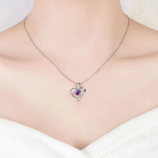 925 Silver Purple Zircon Heart Pendant Necklace-1