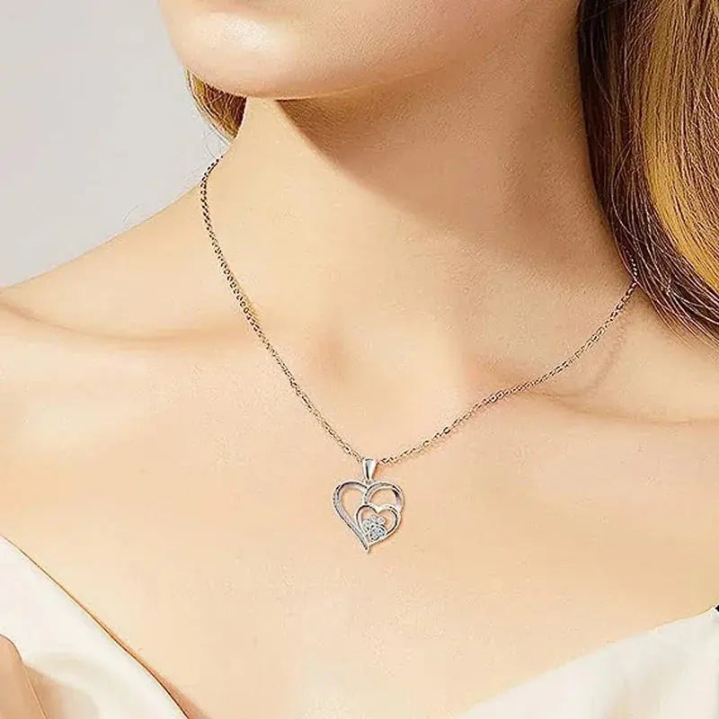 Elegant Paw Shaped Double Heart CZ Pendant Necklace-2
