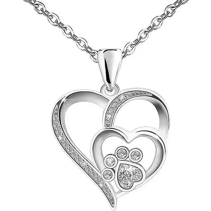 Elegant Paw Shaped Double Heart CZ Pendant Necklace-0