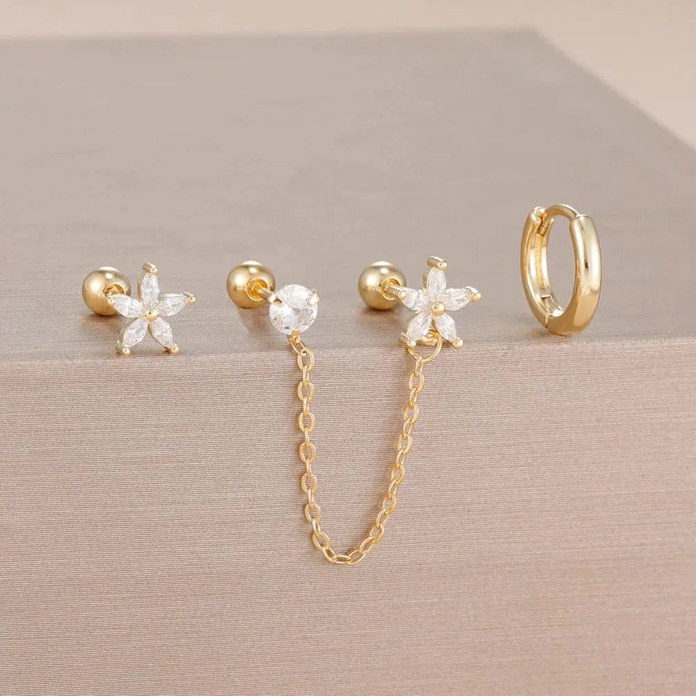 3PCS Zircon Flower Ear Stud Earrings-12