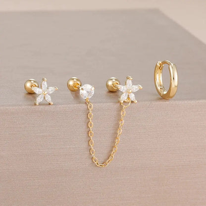 3PCS Zircon Flower Ear Stud Earrings-12