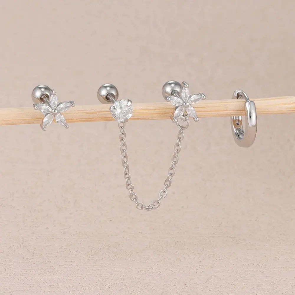 3PCS Zircon Flower Ear Stud Earrings-4