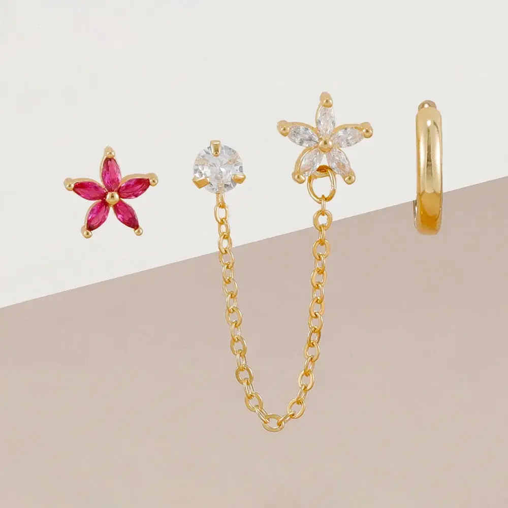 3PCS Zircon Flower Ear Stud Earrings-2