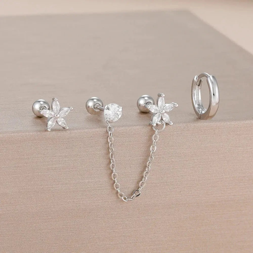 3PCS Zircon Flower Ear Stud Earrings-11