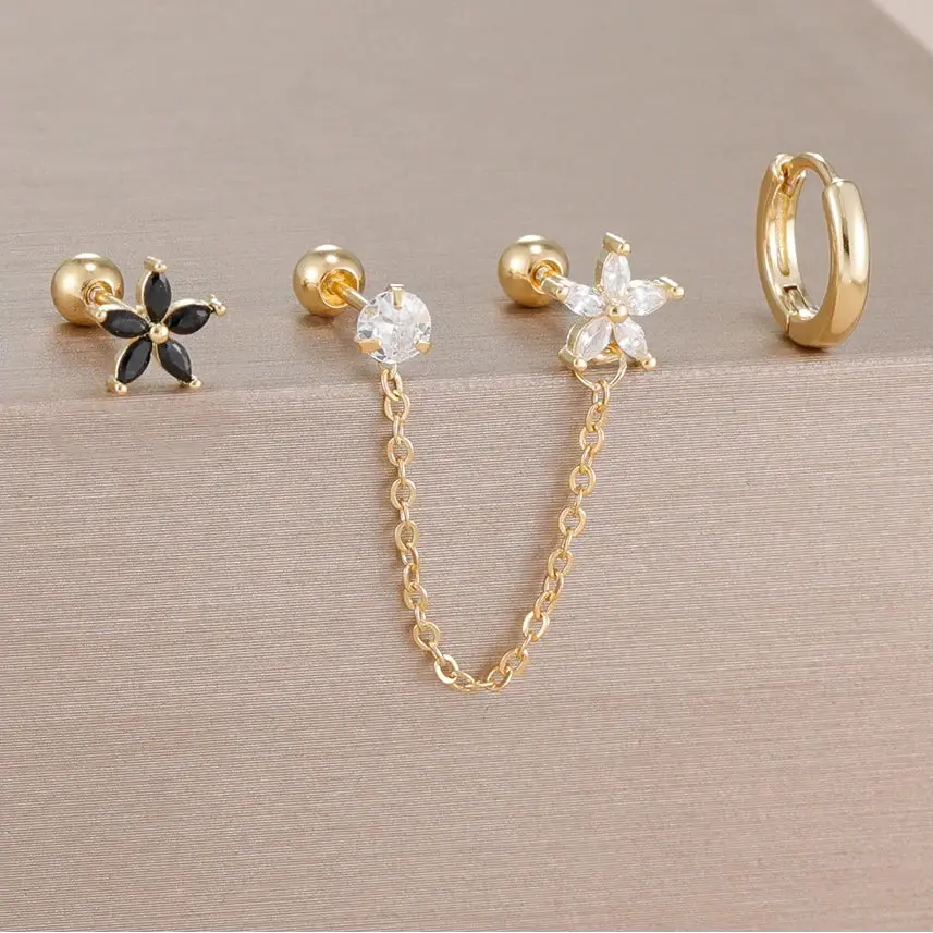 3PCS Zircon Flower Ear Stud Earrings-6