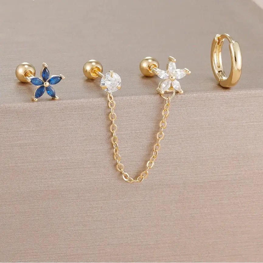 3PCS Zircon Flower Ear Stud Earrings-5