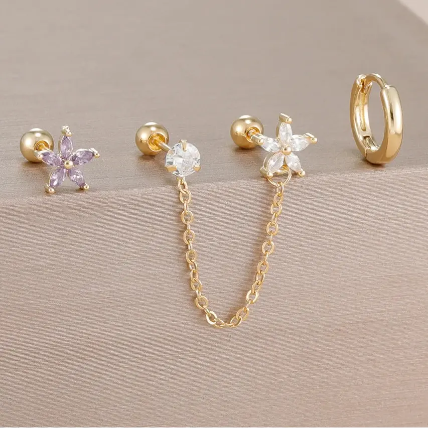 3PCS Zircon Flower Ear Stud Earrings-8