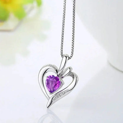 925 Silver Purple Zircon Heart Pendant Necklace-3
