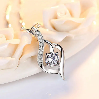 925 Silver Feather Zircon Pendant Necklace-3