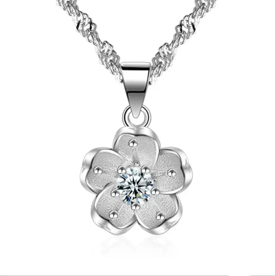 925 Sterling Silver Cherry Blossom Pendant Necklace-0