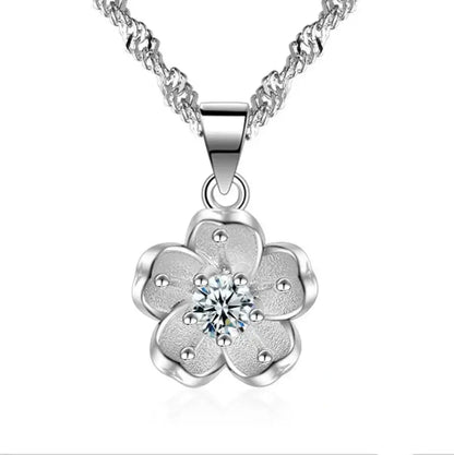 925 Sterling Silver Cherry Blossom Pendant Necklace-0