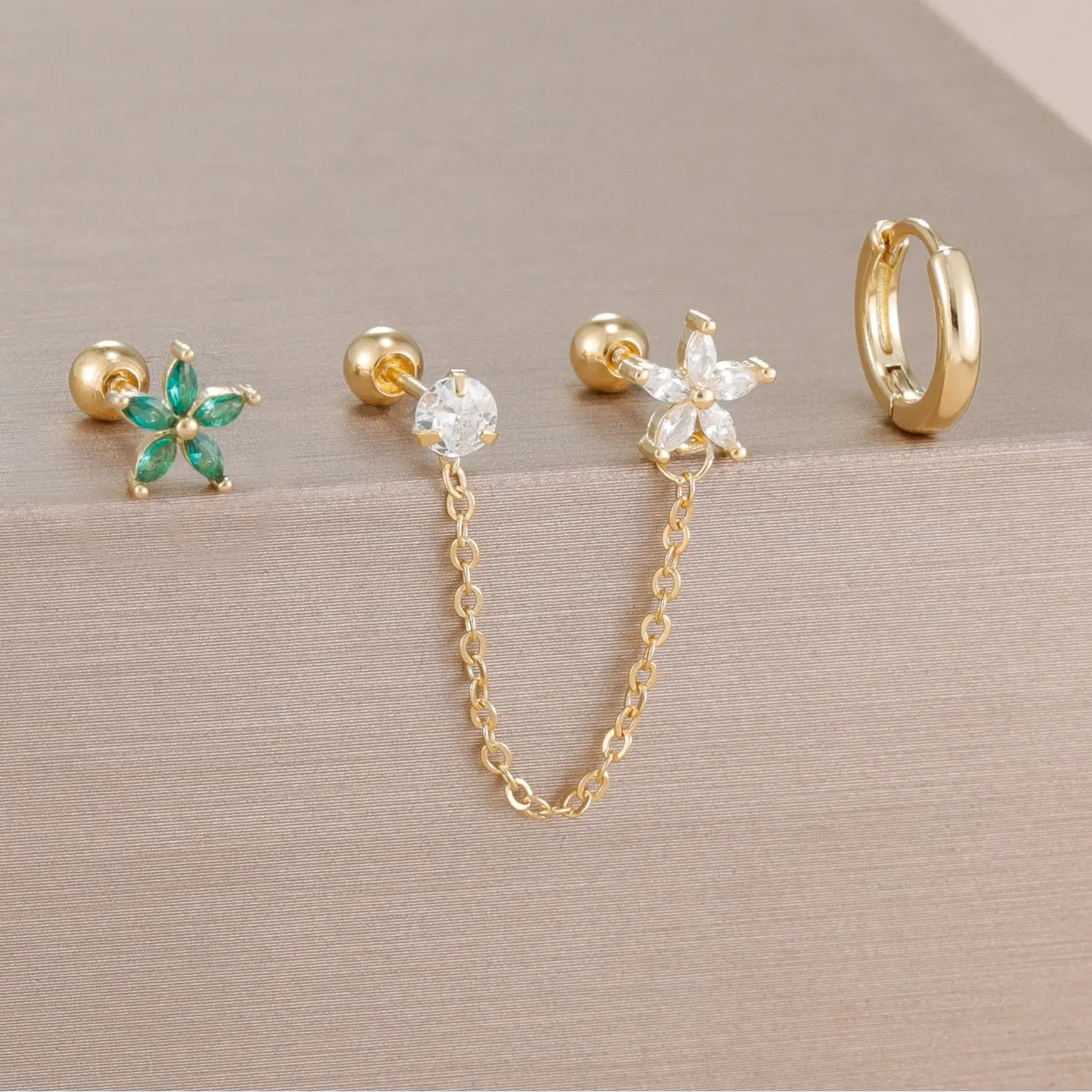 3PCS Zircon Flower Ear Stud Earrings-7