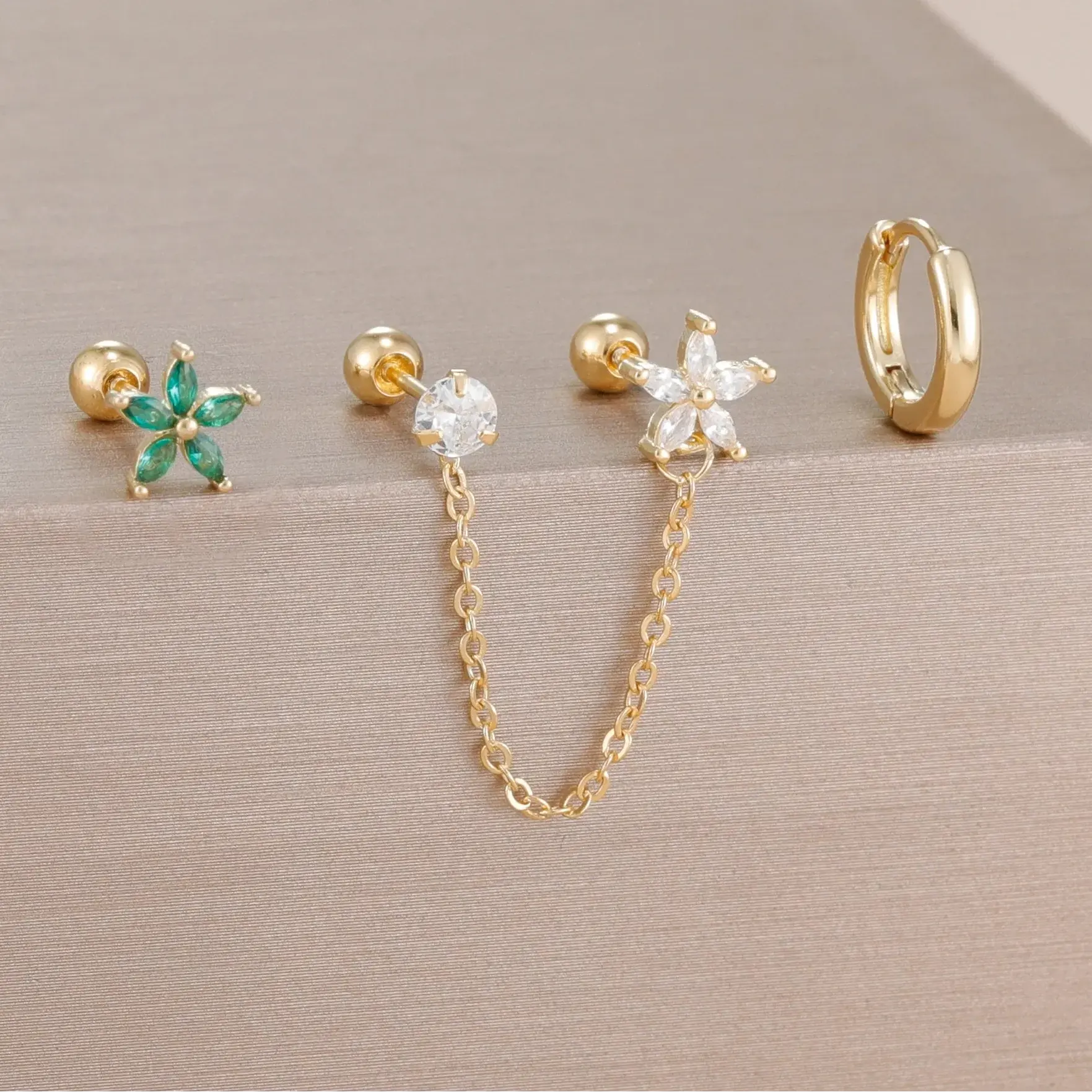 3PCS Zircon Flower Ear Stud Earrings-7