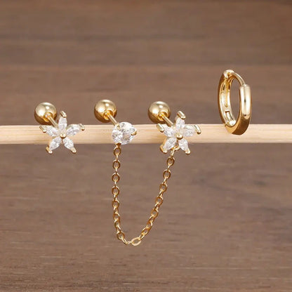 3PCS Zircon Flower Ear Stud Earrings-3